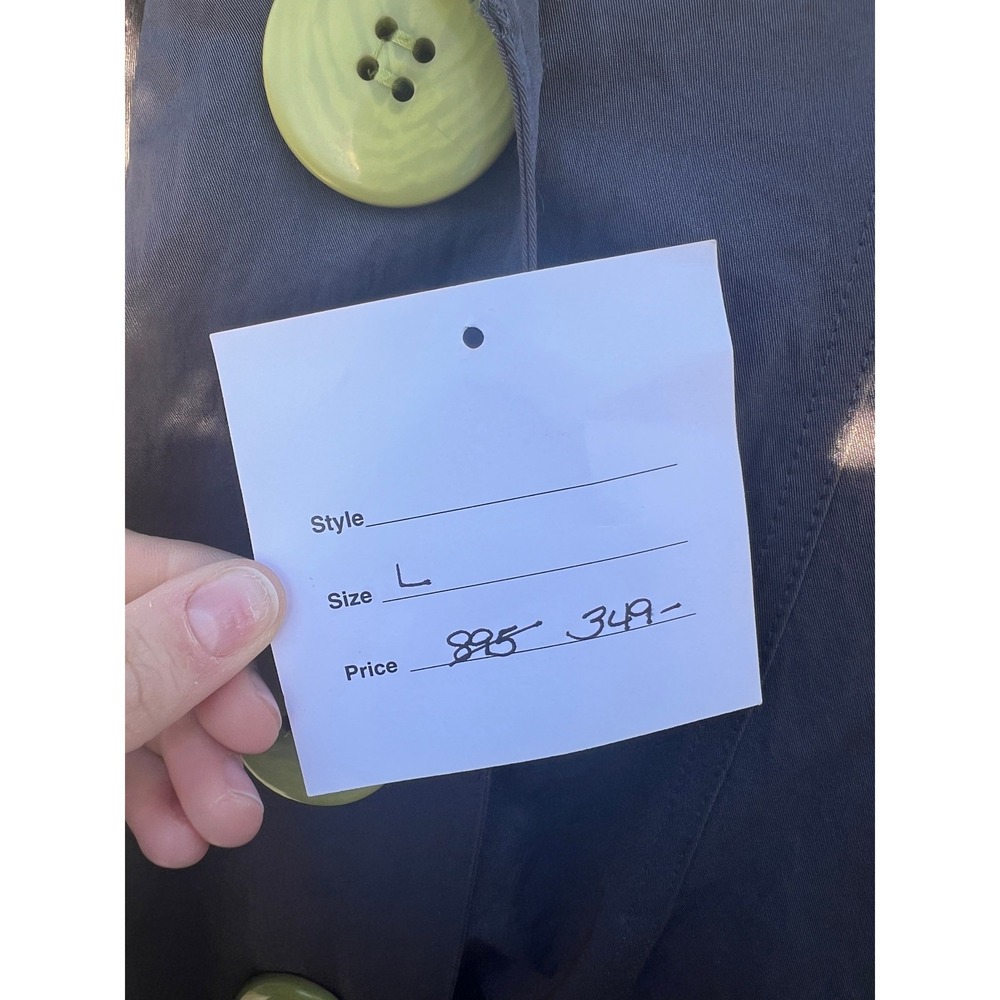 Coterie de France Long Grey Trench Coat Lime Green Trim Adjustable Collar Size L - Picture 7 of 7
